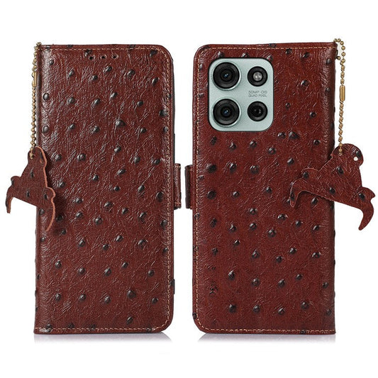 For Motorola Moto G75 5G Case RFID Blocking Genuine Cow Leather Phone Case Ostrich Texture - Brown