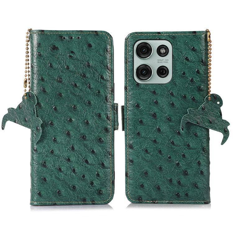 For Motorola Moto G75 5G Case RFID Blocking Genuine Cow Leather Phone Case Ostrich Texture - Green