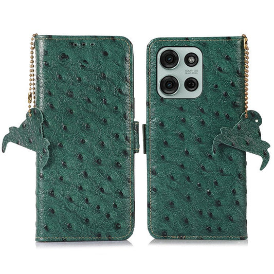 For Motorola Moto G75 5G Case RFID Blocking Genuine Cow Leather Phone Case Ostrich Texture - Green