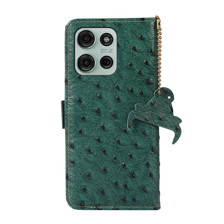 For Motorola Moto G75 5G Case RFID Blocking Genuine Cow Leather Phone Case Ostrich Texture - Green