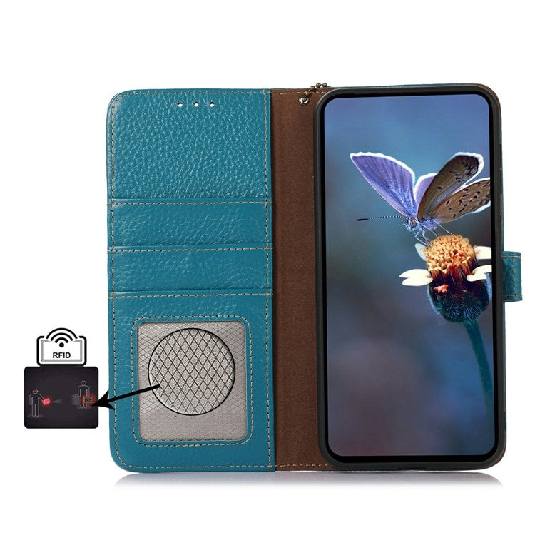 For OnePlus 13 Case RFID Blocking Genuine Cow Leather Phone Cover Litchi Texture - Blue