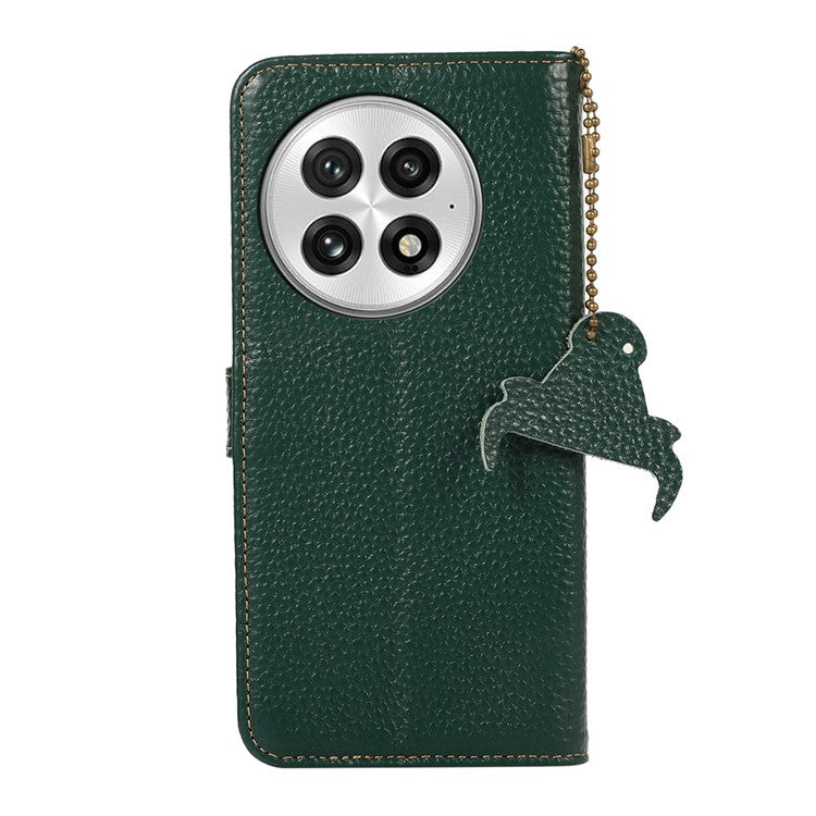 For OnePlus 13 Case RFID Blocking Genuine Cow Leather Phone Cover Litchi Texture - Green