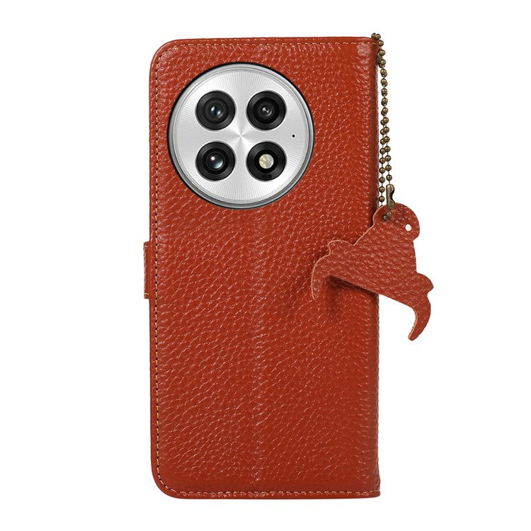 For OnePlus 13 Case RFID Blocking Genuine Cow Leather Phone Cover Litchi Texture - Brown