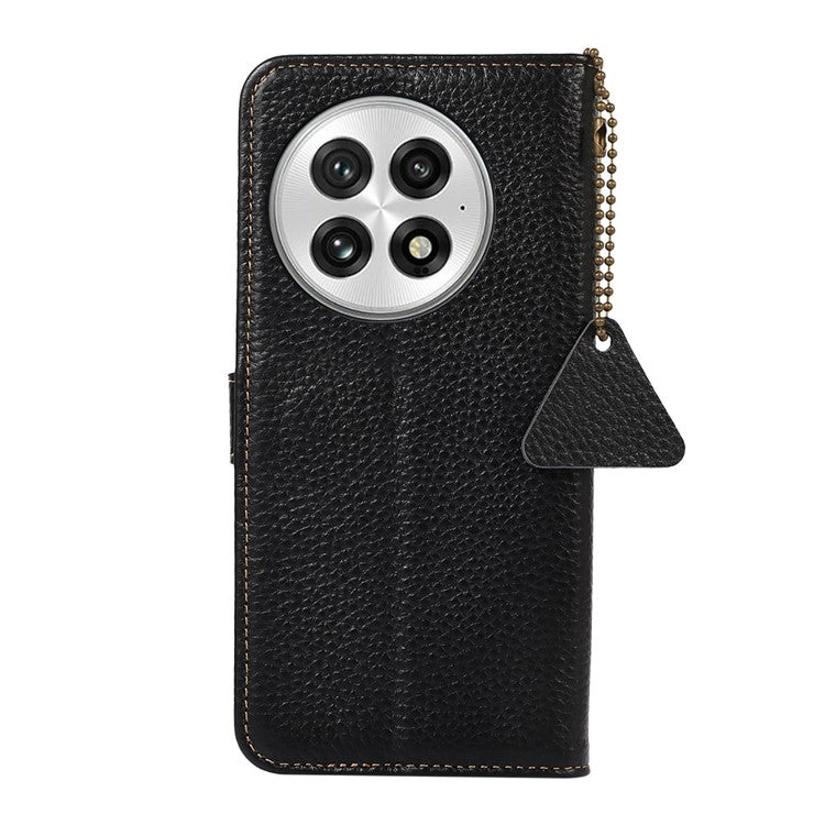 For OnePlus 13 Case RFID Blocking Genuine Cow Leather Phone Cover Litchi Texture - Black
