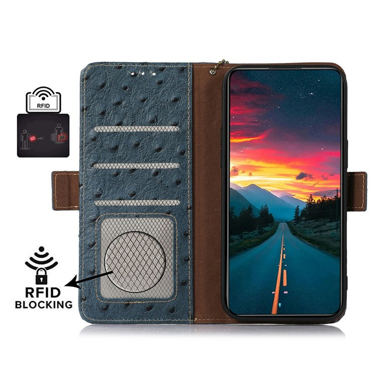 For OnePlus 13 Case RFID Blocking Genuine Cow Leather Phone Case Ostrich Texture - Blue