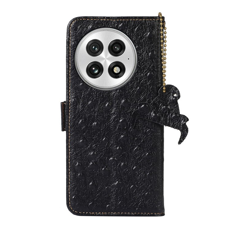 For OnePlus 13 Case RFID Blocking Genuine Cow Leather Phone Case Ostrich Texture - Black