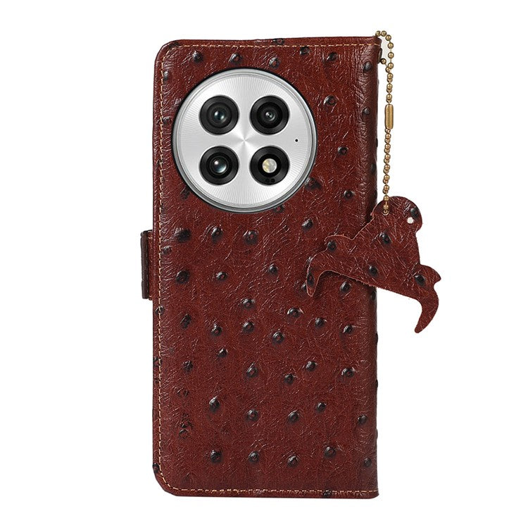 For OnePlus 13 Case RFID Blocking Genuine Cow Leather Phone Case Ostrich Texture - Brown