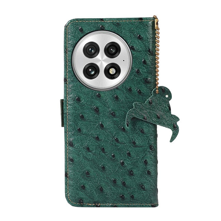 For OnePlus 13 Case RFID Blocking Genuine Cow Leather Phone Case Ostrich Texture - Green