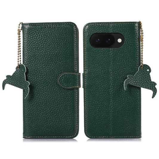 For Google Pixel 9a Case RFID Blocking Genuine Cow Leather Phone Cover Litchi Texture - Green