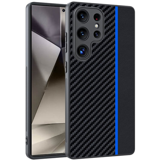 For Samsung Galaxy S25 Ultra Case Leather+PC Hard Phone Cover Carbon Fiber Texture - Black / Blue