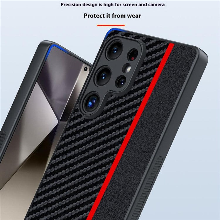 For Samsung Galaxy S25 Ultra Case Leather+PC Hard Phone Cover Carbon Fiber Texture - Black / Blue