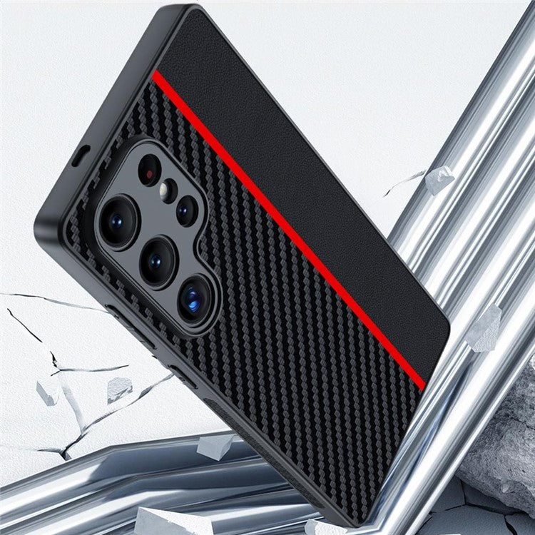 For Samsung Galaxy S25 Ultra Case Leather+PC Hard Phone Cover Carbon Fiber Texture - Black / Blue