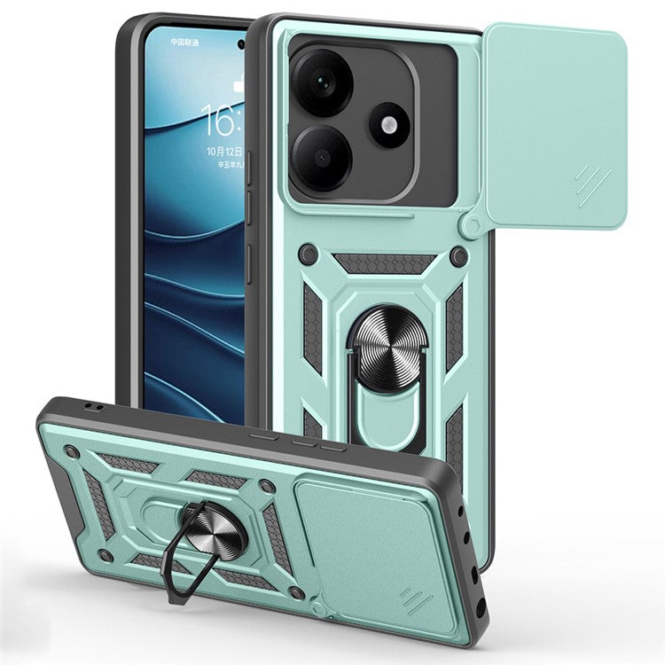 For Xiaomi Redmi Note 14 5G Case with Slide Camera Lid PC+TPU Kickstand Phone Cover - Green