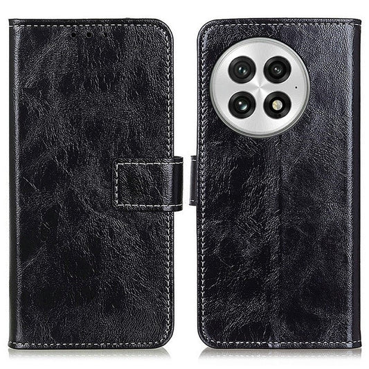 For OnePlus 13 Leather Case Wallet Phone Cover Crazy Horse Texture - Black