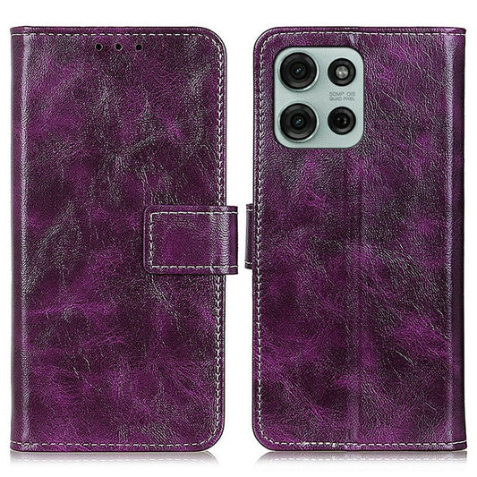 For Motorola Moto G75 5G Leather Case Wallet Phone Cover Crazy Horse Texture - Purple