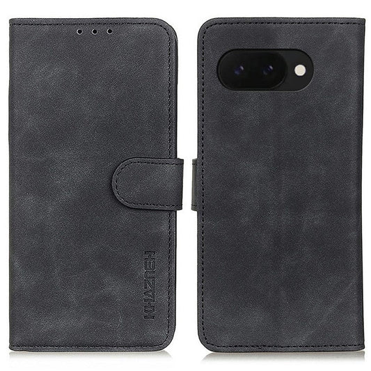 KHAZNEH For Google Pixel 9a Case PU Leather Retro Texture Phone Cover - Black