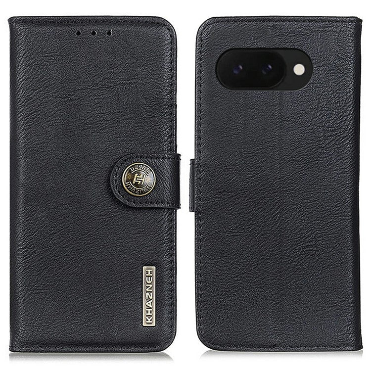 KHAZNEH For Google Pixel 9a Wallet Case Cowhide Texture Leather Flip Phone Cover - Black