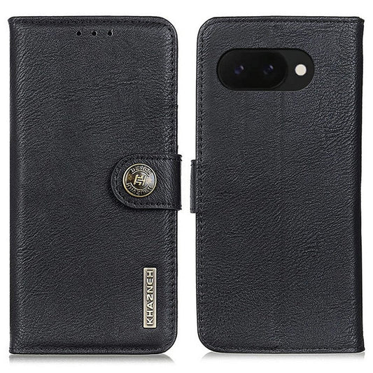 KHAZNEH For Google Pixel 9a Wallet Case Cowhide Texture Leather Flip Phone Cover - Black