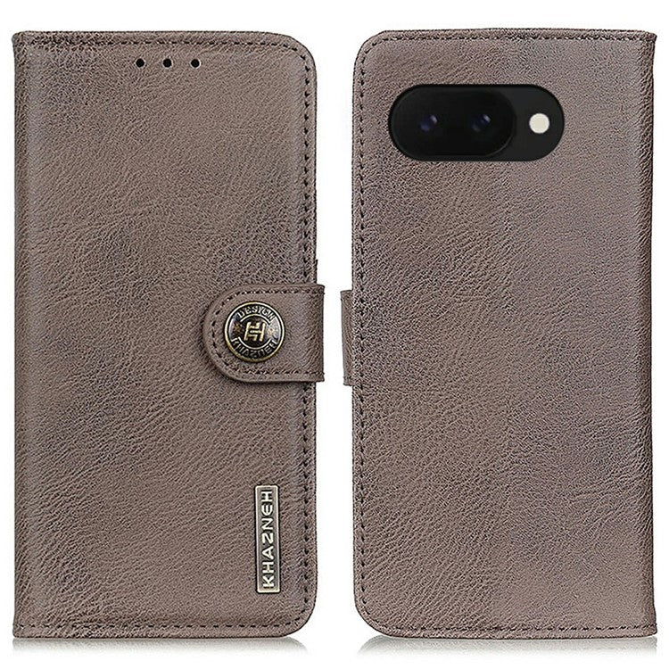 KHAZNEH For Google Pixel 9a Wallet Case Cowhide Texture Leather Flip Phone Cover - Khaki