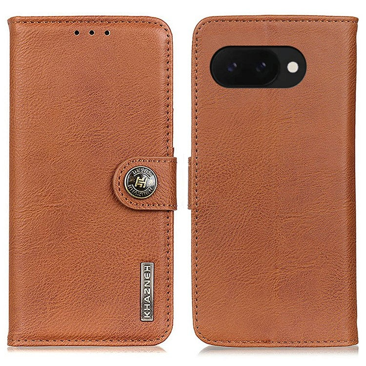 KHAZNEH For Google Pixel 9a Wallet Case Cowhide Texture Leather Flip Phone Cover - Brown