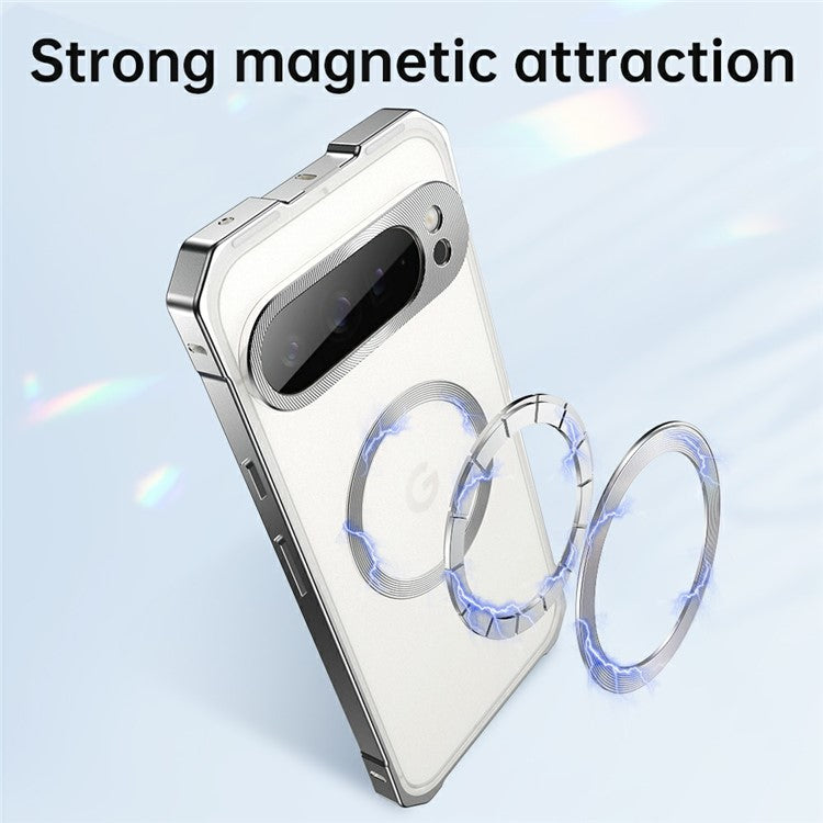 For Google Pixel 9 Case Compatible with MagSafe Hard PC Metal Frame Frosted Phone Back Cover - Titanium Grey