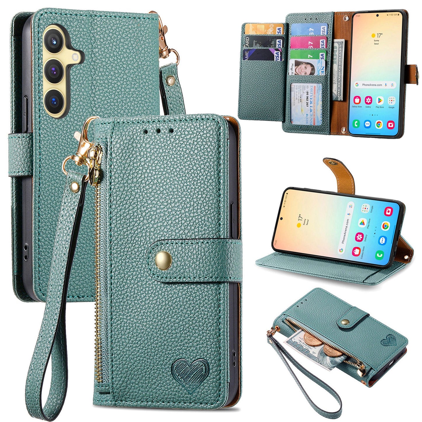 For Samsung Galaxy S25+ Case RFID Blocking Zipper Pocket Leather Wallet Phone Cover - Green