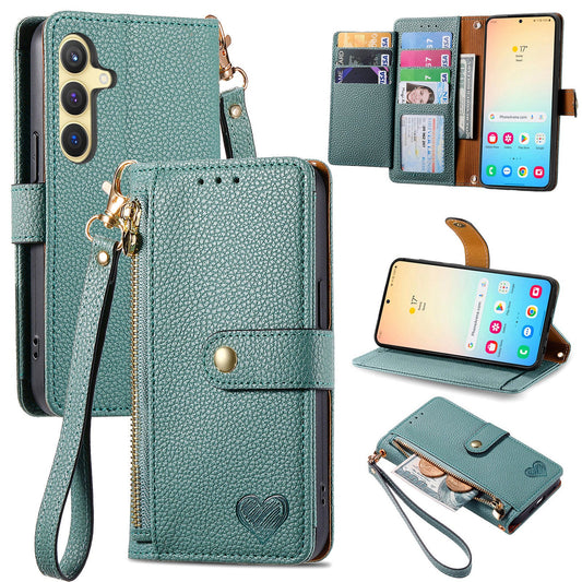For Samsung Galaxy S25+ Case RFID Blocking Zipper Pocket Leather Wallet Phone Cover - Green