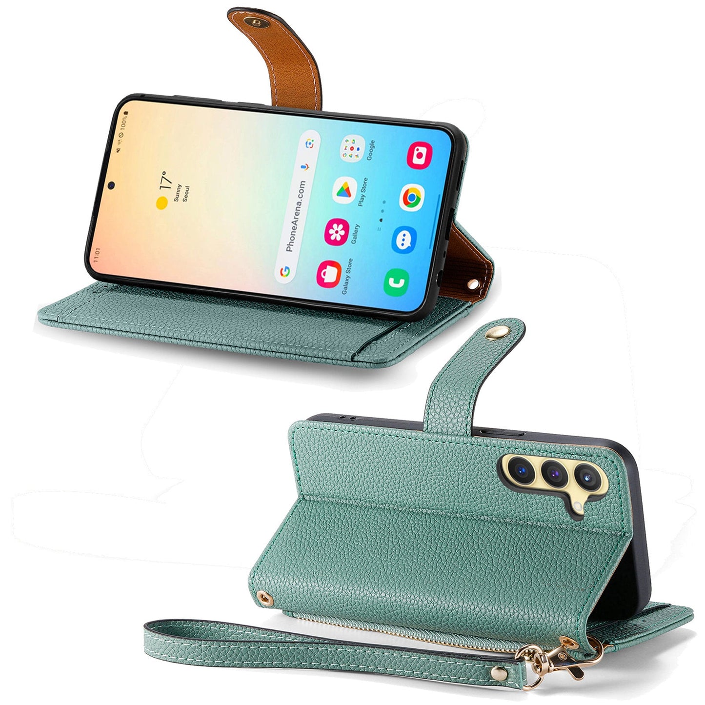For Samsung Galaxy S25+ Case RFID Blocking Zipper Pocket Leather Wallet Phone Cover - Green