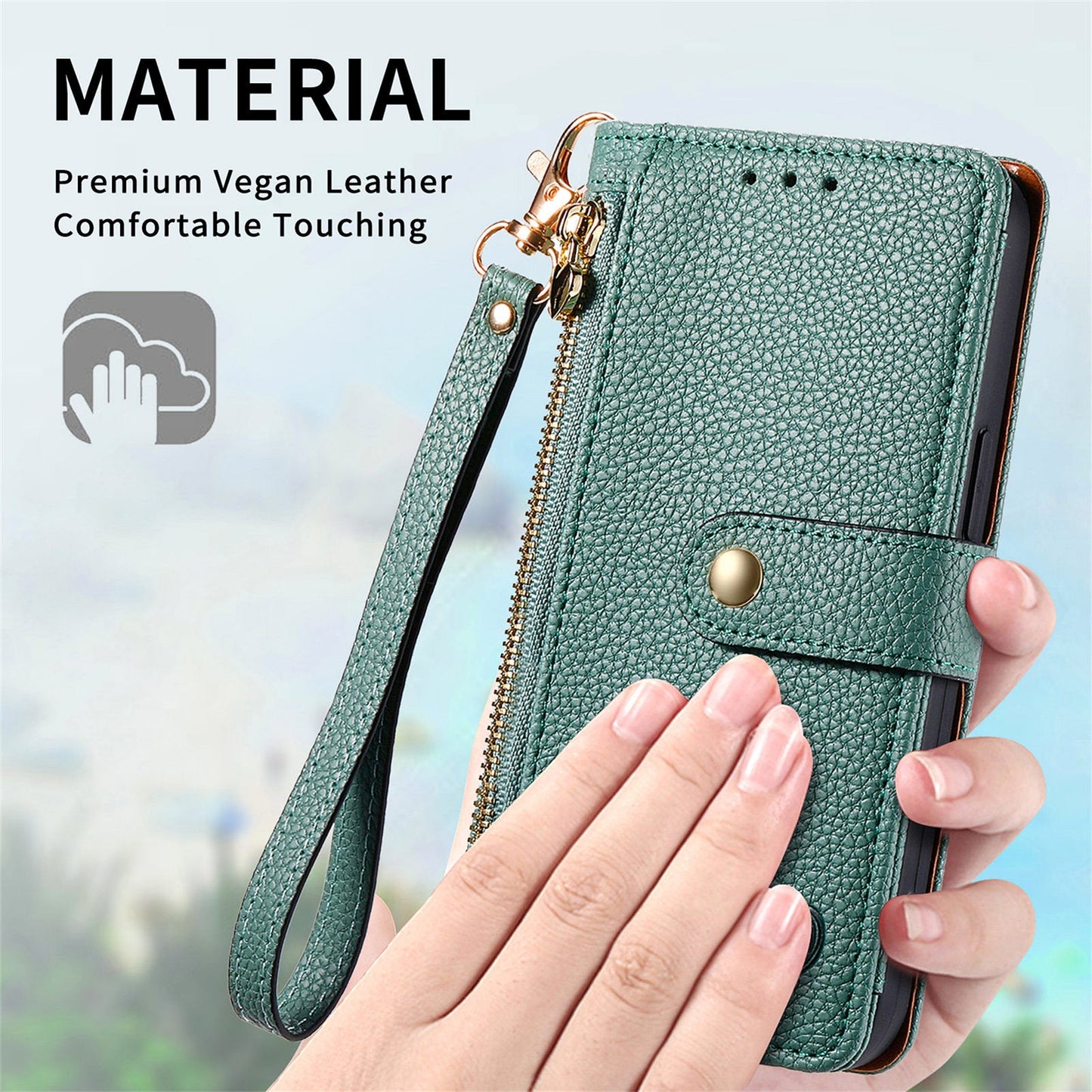 For Samsung Galaxy S25+ Case RFID Blocking Zipper Pocket Leather Wallet Phone Cover - Green