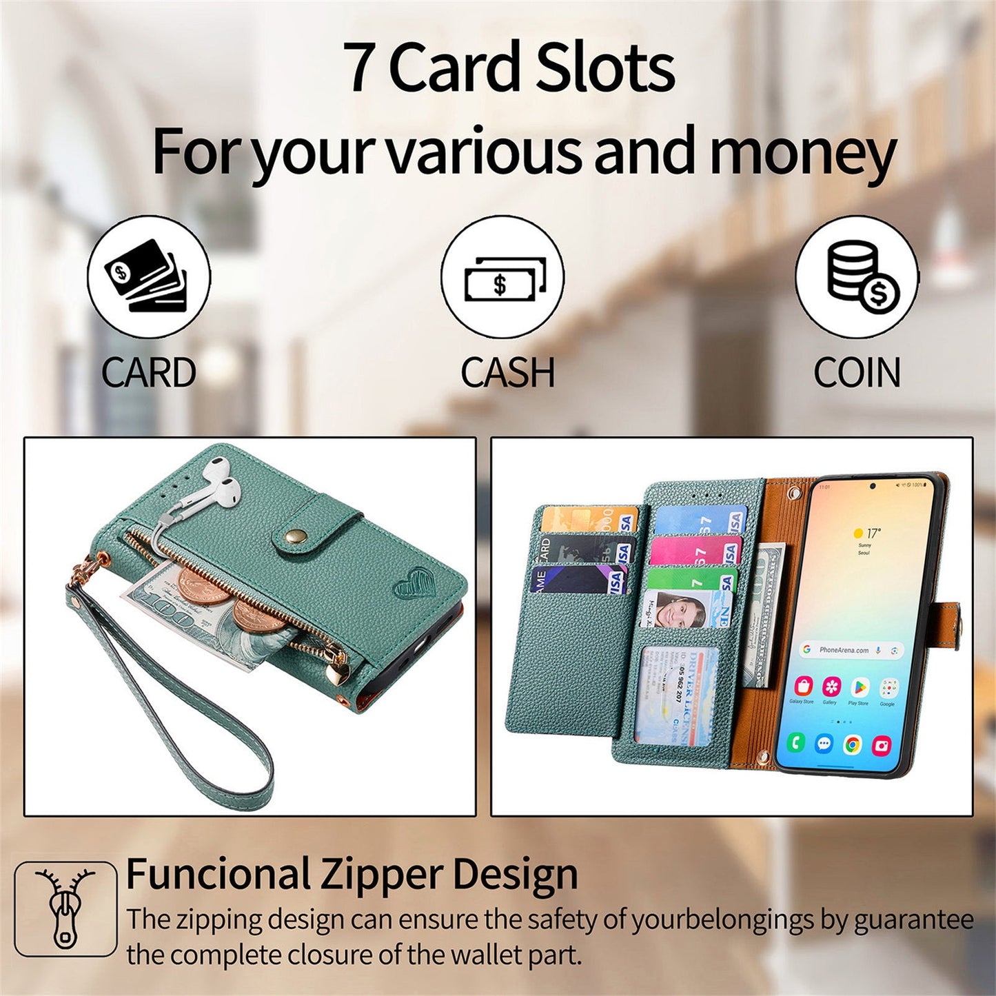 For Samsung Galaxy S25+ Case RFID Blocking Zipper Pocket Leather Wallet Phone Cover - Green