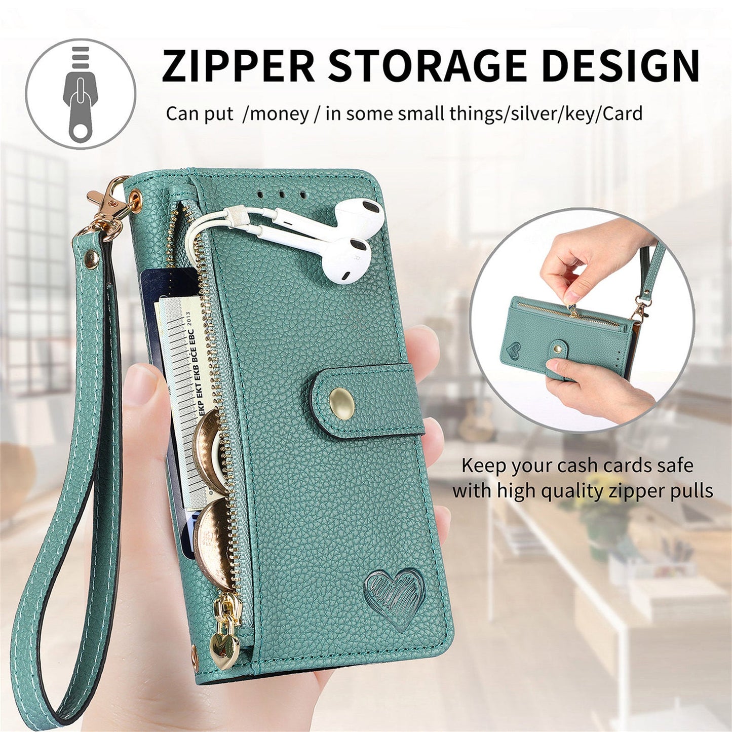 For Samsung Galaxy S25+ Case RFID Blocking Zipper Pocket Leather Wallet Phone Cover - Green
