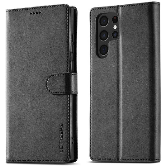LC.IMEEKE For Samsung Galaxy S25 Ultra Case Calf Texture PU Leather Stand Wallet Phone Cover - Black
