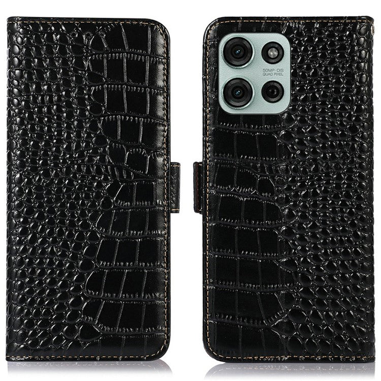 For Motorola Moto G75 5G Case Crocodile Texture Genuine Cow Leather Phone Wallet Cover - Black