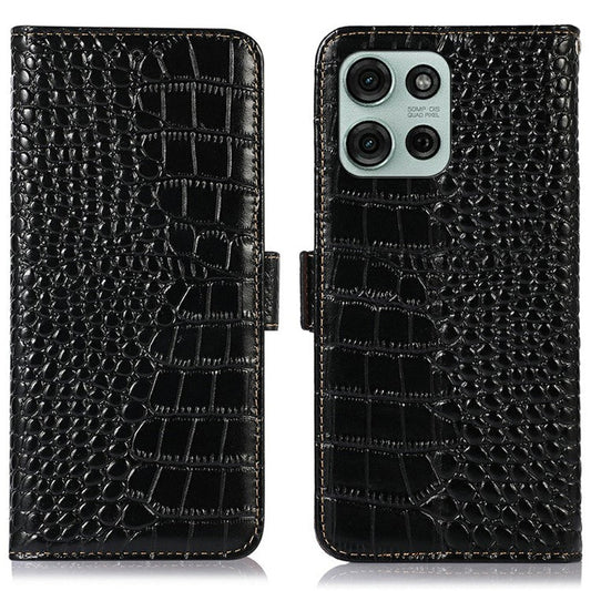 For Motorola Moto G75 5G Case Crocodile Texture Genuine Cow Leather Phone Wallet Cover - Black