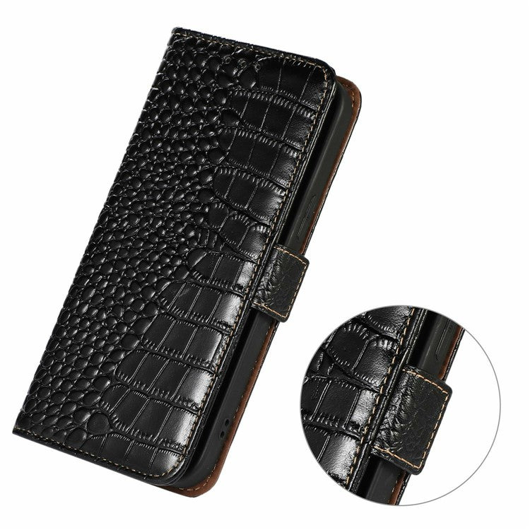 For Motorola Moto G75 5G Case Crocodile Texture Genuine Cow Leather Phone Wallet Cover - Black