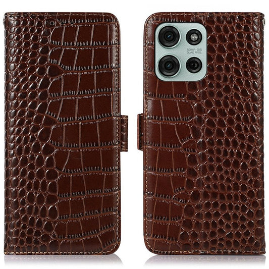For Motorola Moto G75 5G Case Crocodile Texture Genuine Cow Leather Phone Wallet Cover - Brown