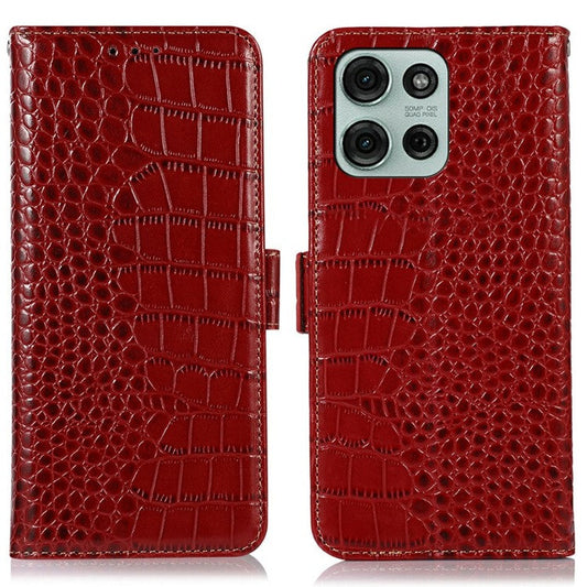 For Motorola Moto G75 5G Case Crocodile Texture Genuine Cow Leather Phone Wallet Cover - Red