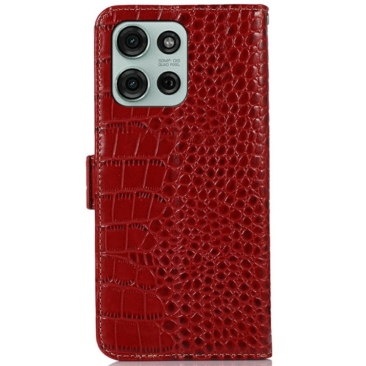For Motorola Moto G75 5G Case Crocodile Texture Genuine Cow Leather Phone Wallet Cover - Red