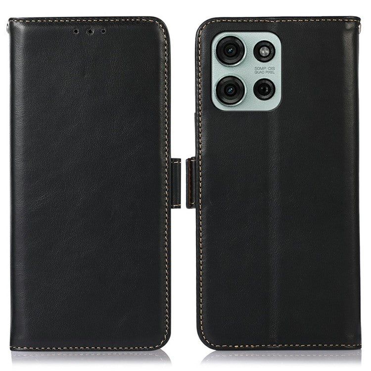 For Motorola Moto G75 5G Case RFID Blocking Genuine Cow Leather Wallet Phone Cover - Black