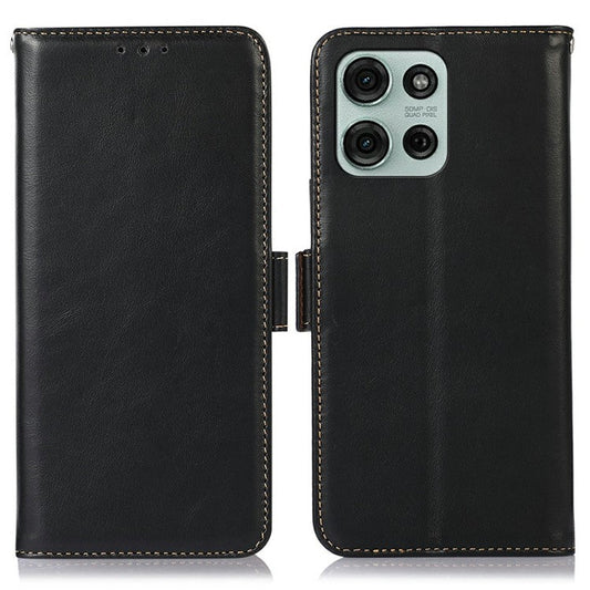 For Motorola Moto G75 5G Case RFID Blocking Genuine Cow Leather Wallet Phone Cover - Black