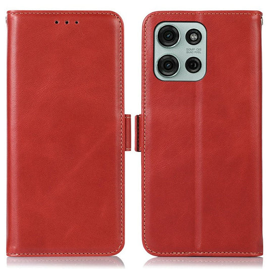 For Motorola Moto G75 5G Case RFID Blocking Genuine Cow Leather Wallet Phone Cover - Red