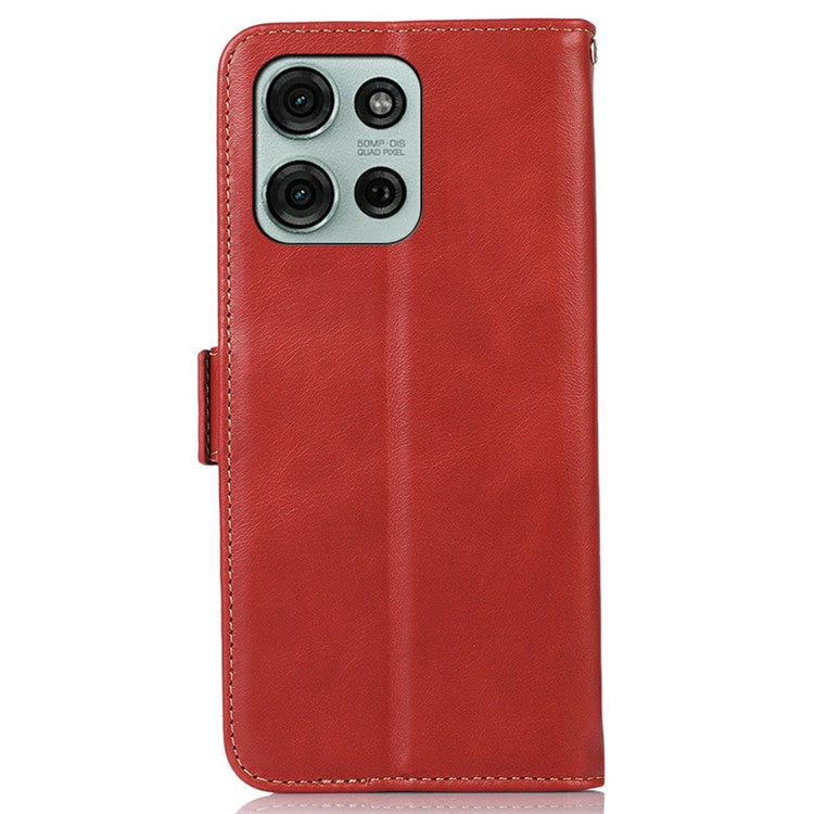 For Motorola Moto G75 5G Case RFID Blocking Genuine Cow Leather Wallet Phone Cover - Red