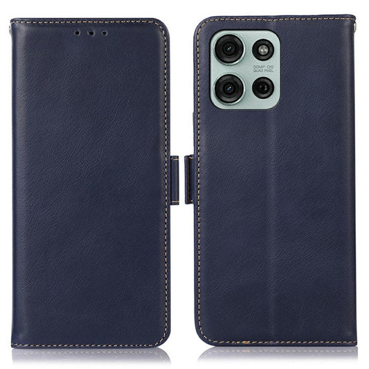 For Motorola Moto G75 5G Case RFID Blocking Genuine Cow Leather Wallet Phone Cover - Blue