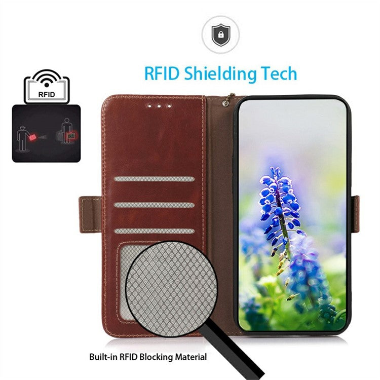 For Motorola Moto G75 5G Case RFID Blocking Genuine Cow Leather Wallet Phone Cover - Brown