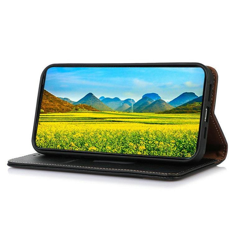 KHAZNEH For Motorola Moto G75 5G Case Genuine Cow Leather Wallet Phone Cover Nappa Texture - Black