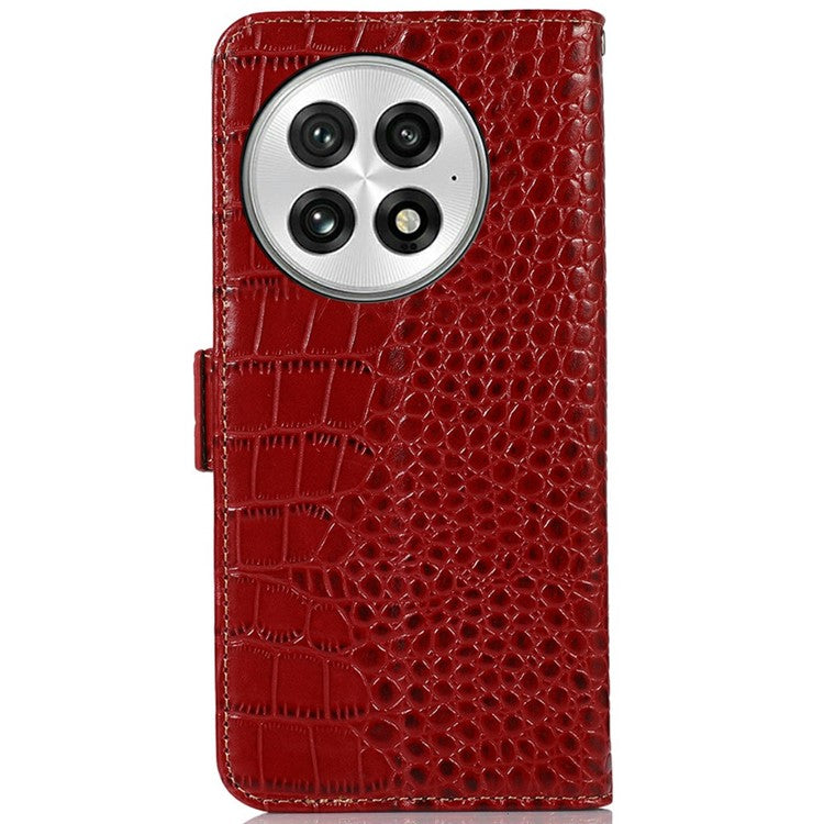 For OnePlus 13 Case Crocodile Texture Genuine Cow Leather Phone Wallet Cover - Red