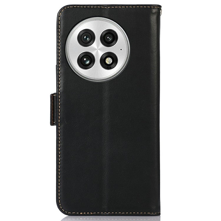 For OnePlus 13 Case RFID Blocking Genuine Cow Leather Wallet Phone Cover - Black