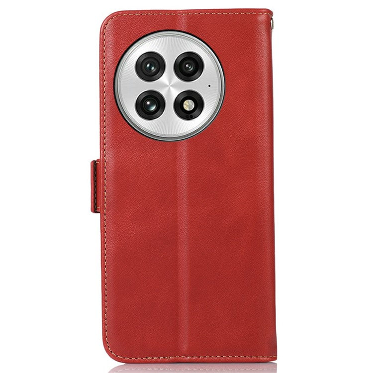 For OnePlus 13 Case RFID Blocking Genuine Cow Leather Wallet Phone Cover - Red