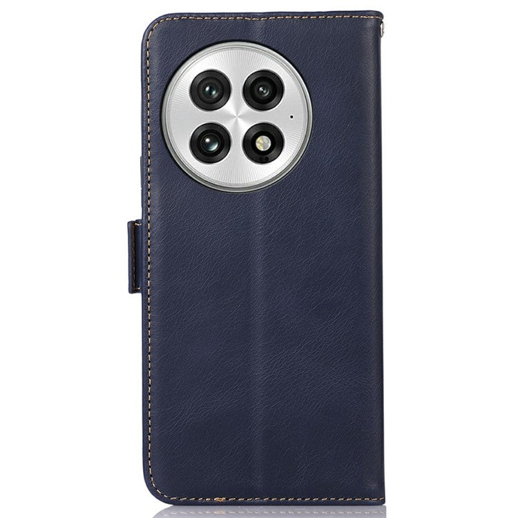 For OnePlus 13 Case RFID Blocking Genuine Cow Leather Wallet Phone Cover - Blue