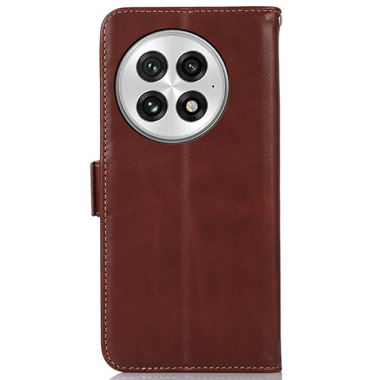 For OnePlus 13 Case RFID Blocking Genuine Cow Leather Wallet Phone Cover - Brown